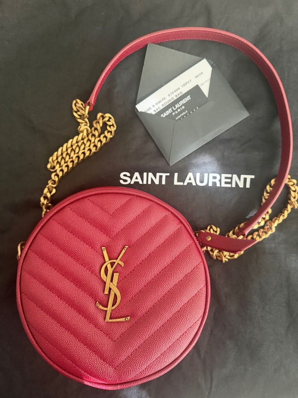 Saint Laurent Red Quilted Round Crossbody Bag with Gold Hardware